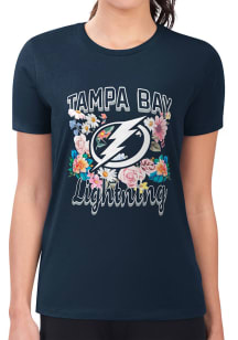 4Her Tampa Bay Lightning Womens Navy Blue Flowers Fitted Design Short Sleeve T-Shirt