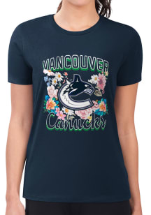 4Her Vancouver Canucks Womens Navy Blue Flowers Fitted Short Sleeve T-Shirt