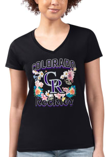 4Her Colorado Rockies Womens Black Flowers Fitted Design Short Sleeve T-Shirt