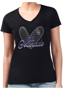 4Her Colorado Rockies Womens Black Leopard Heart Fitted Design Short Sleeve T-Shirt