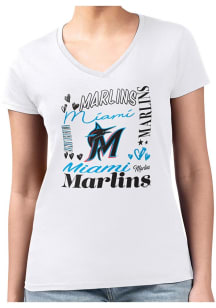 4Her Miami Marlins Womens White Collage Fitted Design Short Sleeve T-Shirt