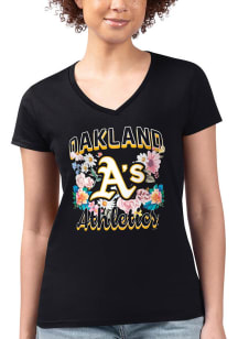4Her Oakland Athletics Womens Black Flowers Fitted Design Short Sleeve T-Shirt