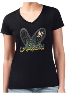 4Her Oakland Athletics Womens Black Leopard Heart Fitted Design Short Sleeve T-Shirt