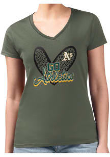 4Her Oakland Athletics Womens Green Leopard Heart Fitted Short Sleeve T-Shirt