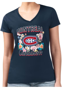 4Her Montreal Canadiens Womens Navy Blue Flowers Fitted Design Short Sleeve T-Shirt