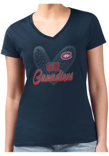 4Her Montreal Canadiens Womens Navy Blue Leopard Heart Fitted Design Short Sleeve T-Shirt
