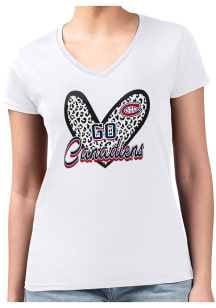 4Her Montreal Canadiens Womens White Leopard Heart Fitted Design Short Sleeve T-Shirt