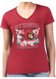 4Her Ottawa Senators Womens Red Flowers Fitted Design Short Sleeve T-Shirt