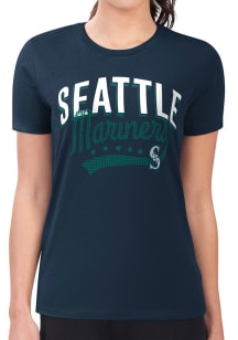 4Her Seattle Mariners Womens Navy Blue Filigree Fitted Short Sleeve T-Shirt