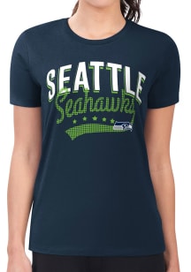 4Her Seattle Seahawks Womens Navy Blue Filigree Fitted Design Short Sleeve T-Shirt