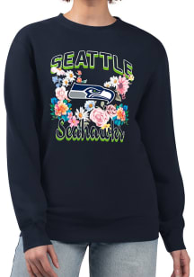 4Her Seattle Seahawks Womens Navy Blue Flowers Crew Sweatshirt