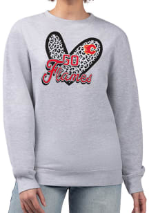 4Her Calgary Flames Womens Grey Leopard Heart Crew Sweatshirt
