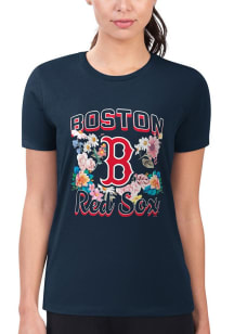 4Her Boston Red Sox Womens Navy Blue Flowers Fitted Short Sleeve T-Shirt