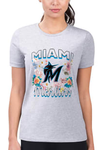4Her Miami Marlins Womens Grey Flowers Fitted Short Sleeve T-Shirt