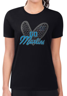 4Her Miami Marlins Womens Black Leopard Heart Fitted Short Sleeve T-Shirt