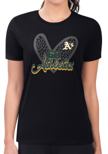 4Her Oakland Athletics Womens Black Leopard Heart Fitted Short Sleeve T-Shirt