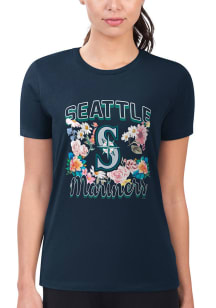 4Her Seattle Mariners Womens Navy Blue Flowers Fitted Short Sleeve T-Shirt