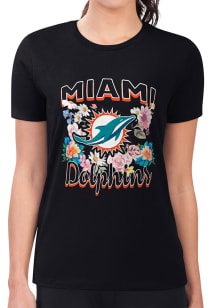 4Her Miami Dolphins Womens Black Flowers Fitted Short Sleeve T-Shirt