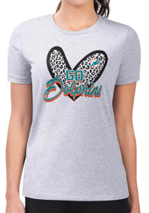 4Her Miami Dolphins Womens Grey Leopard Heart Fitted Short Sleeve T-Shirt