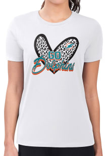 4Her Miami Dolphins Womens White Leopard Heart Fitted Short Sleeve T-Shirt
