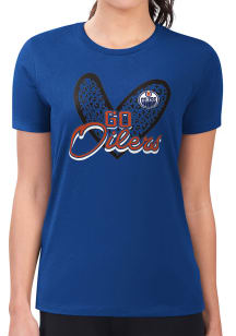 4Her Edmonton Oilers Womens Blue Leopard Heart Fitted Short Sleeve T-Shirt