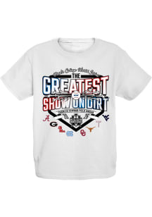 Blue 84  Youth White 2026 Men's College World Series 8 Team Short Sleeve T-Shirt
