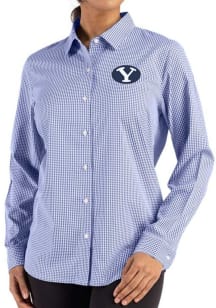 Cutter and Buck BYU Cougars Womens Epic Confidence Gingham Long Sleeve Navy Blue Dress Shirt