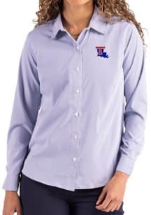 Cutter and Buck Louisiana Tech Bulldogs Womens Epic Confidence Pinstripe Long Sleeve Blue Dress Sh..