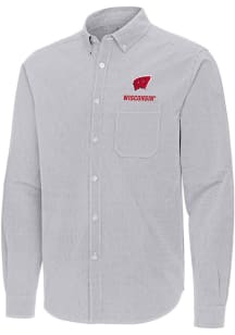 Antigua Wisconsin Badgers Mens Ash Porter Long Sleeve Dress Shirt