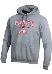 Champion Wisconsin Badgers Mens Grey EST Date Mom Powerblend Long Sleeve Hoodie