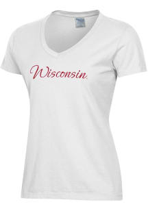ComfortWash Wisconsin Badgers Womens White Script  Garment Dyed Short Sleeve T-Shirt