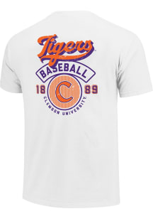 Clemson Tigers White Vintage Script Baseball Stripes Short Sleeve T Shirt