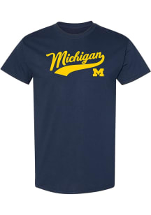 Michigan Wolverines Navy Blue Baseball Jersey Script Short Sleeve T Shirt