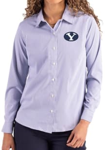 Cutter and Buck BYU Cougars Womens Epic Confidence Pinstripe Long Sleeve Navy Blue Dress Shirt