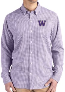 Cutter and Buck Washington Huskies Mens Purple Gingham LS Woven Long Sleeve Dress Shirt