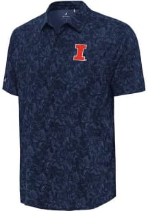 Antigua Illinois Fighting Illini Mens Navy Blue Lush Woven Short Sleeve Dress Shirt