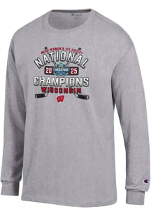 Champion Wisconsin Badgers Grey 2025 Womens Ice Hockey National Champions Sticks Long Sleeve T Shi..