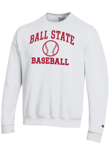 Champion Ball State Cardinals Mens White Baseball Icon Powerblend Long Sleeve Crew Sweatshirt
