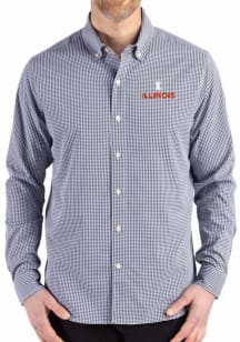 Cutter and Buck Illinois Fighting Illini Mens Navy Blue Gingham LS Woven Long Sleeve Dress Shirt