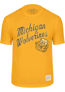 Original Retro Brand Michigan Wolverines Gold Vintage Logo Script Name Short Sleeve Fashion T Shir..