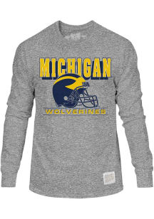 Original Retro Brand Michigan Wolverines Grey Football Helmet Long Sleeve Fashion T Shirt