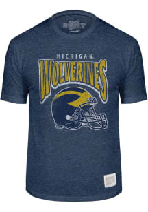 Original Retro Brand Michigan Wolverines Blue Football Helmet Team Name Short Sleeve Fashion T Shi..