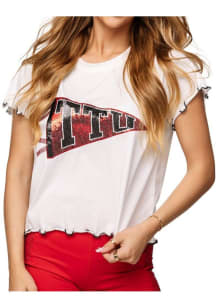 Queen of Sparkles Texas Tech Red Raiders Womens White Sequin Pennant Frill Short Sleeve T-Shirt