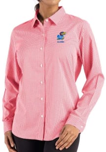 Cutter and Buck Kansas Jayhawks Womens Alumni Epic Confidence Gingham Long Sleeve Red Dress Shirt