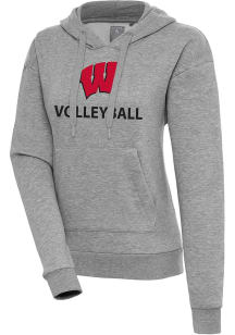 Antigua Wisconsin Badgers Womens Grey Heather Volleyball  Victory Hooded Sweatshirt