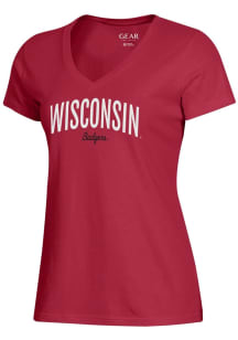 Gear for Sports Wisconsin Badgers Womens Red Arch Script Mascot Mia Short Sleeve T-Shirt