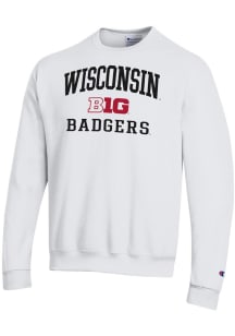 Champion Wisconsin Badgers Mens White Big Ten Powerblend Long Sleeve Crew Sweatshirt