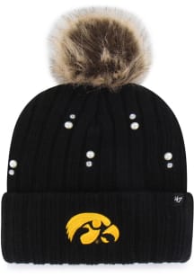 47 Iowa Hawkeyes Black Pearl Fur Cuff Pom Womens Knit Hat
