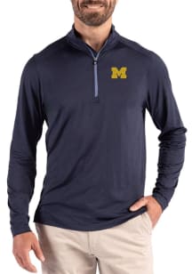Cutter and Buck Michigan Wolverines Mens Navy Blue Coastline Long Sleeve Qtr Zip Pullover