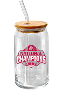Ohio State Buckeyes 2024 Football National Champions 16oz Glass Can w/ Bamboo Lid Pint Glass - Whi..